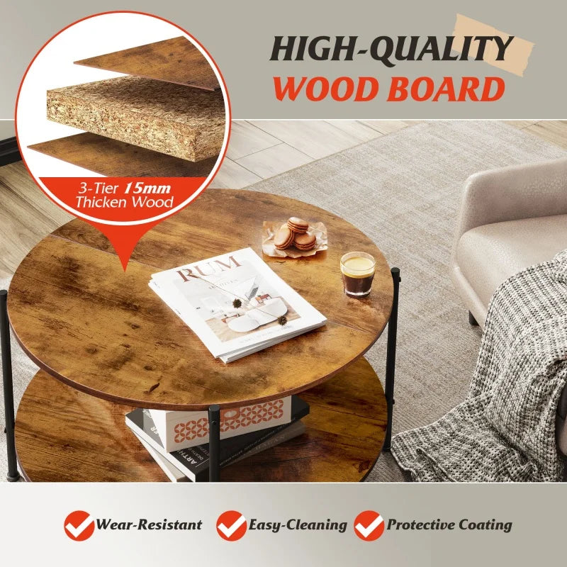 GALAXHERO Round Coffee Table with Storage Shelf 2 Tier Circle Wood Center Table for Living Room Bedroom Apartment
