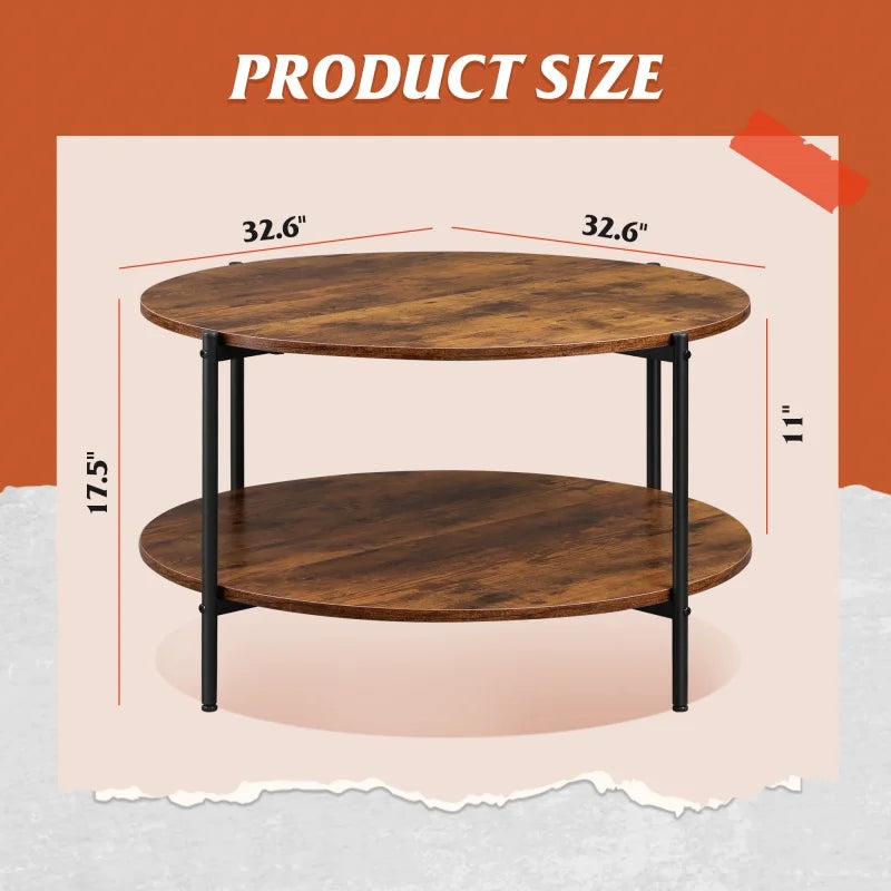 GALAXHERO Round Coffee Table with Storage Shelf 2 Tier Circle Wood Center Table for Living Room Bedroom Apartment