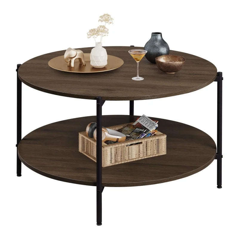 GALAXHERO Round Coffee Table with Storage Shelf 2 Tier Circle Wood Center Table for Living Room Bedroom Apartment