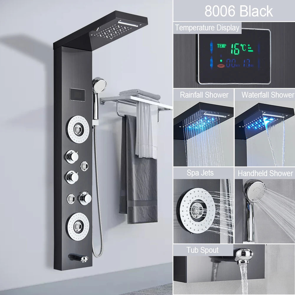 Brushed LED Light LCD Shower Faucet Bathroom SPA Massage Jet Shower Column System Waterfall Rain Shower Panel With Shelf Tap