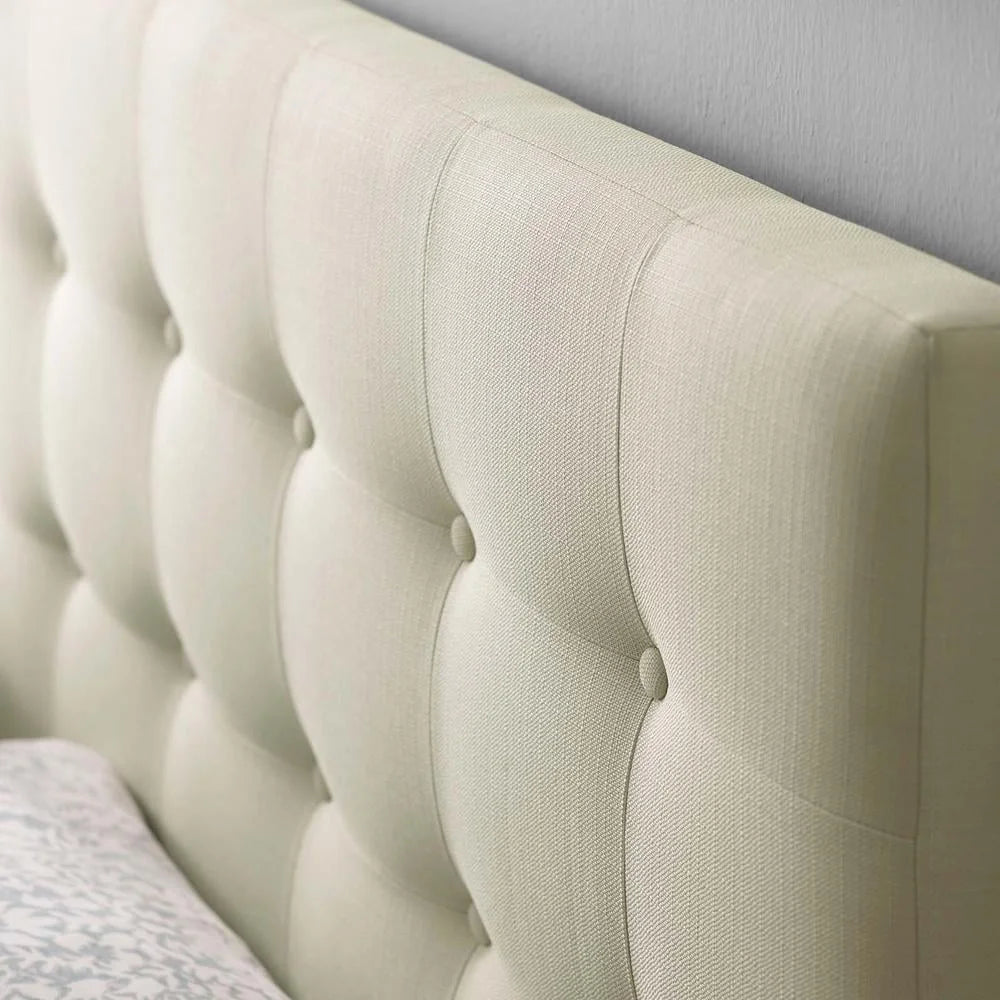 Emily Tufted Upholstered Headboard Full Bed Ivory Polyester Fabric Modern Design Adjustable Height Button Detail 22.5In H 56In W