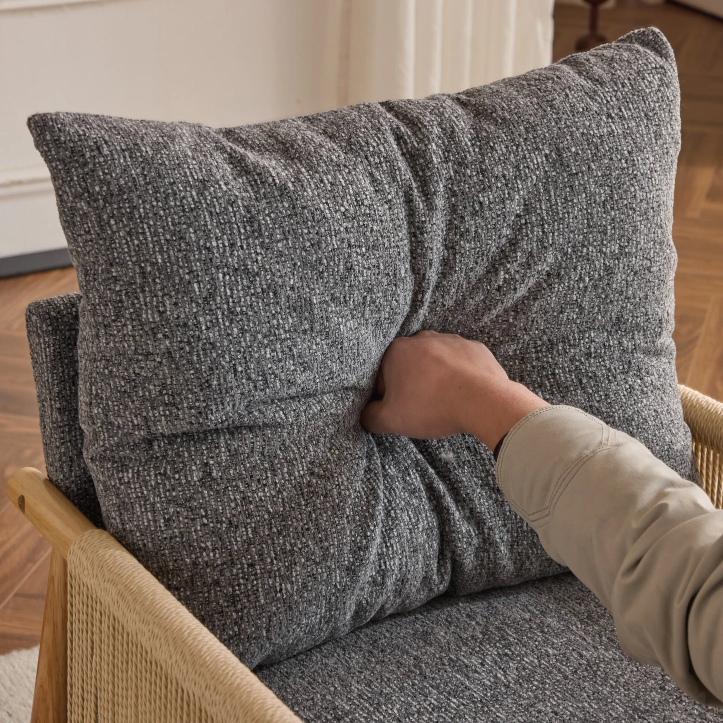 Modern Braid Accent Chair with Natural Oak Wooden Armrest, with Waist Pillow for Living Room, Bedroom, Reading Room, Balcont