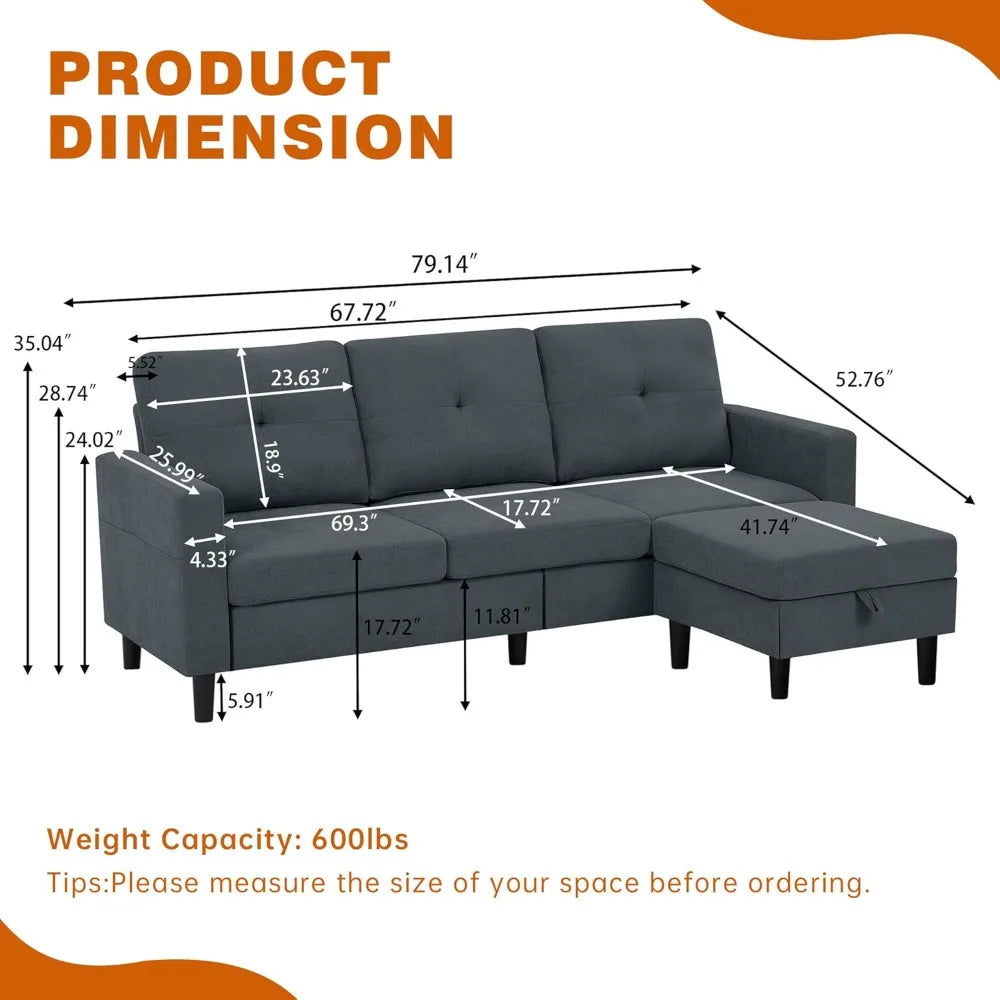Sectional Sofa for Living Room,with Storage and Reversible Chaise,3 Seats Sectional L Shaped Couch