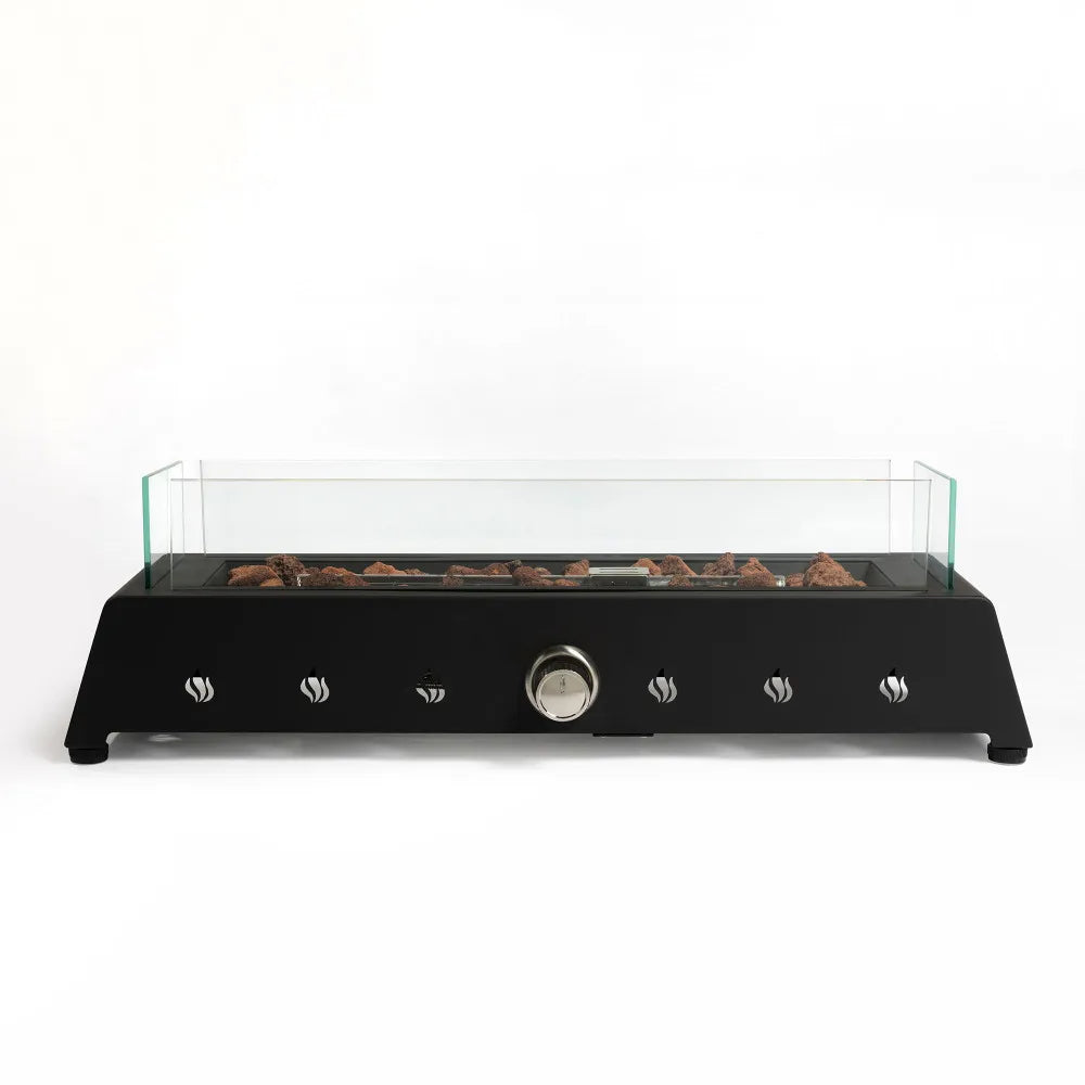 28 inch Tabletop Fire Pit, Propane Gas Fire Pit with Quick Connect Joint, Glass Wind Guard and Lava Rock, Outdoor Portable
