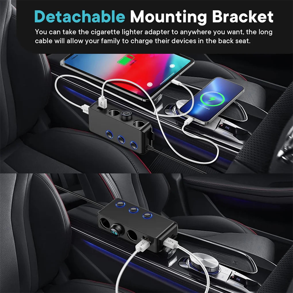 Car Charger Splitter 200W 3 Socket Cigarette Lighter Adapter with PD30W USB-C Multi USB Car Charger DC Outlet