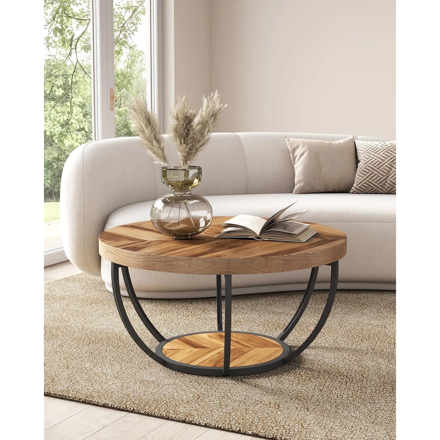 32 Inch Marble Coffee Table with Golden Metal Legs