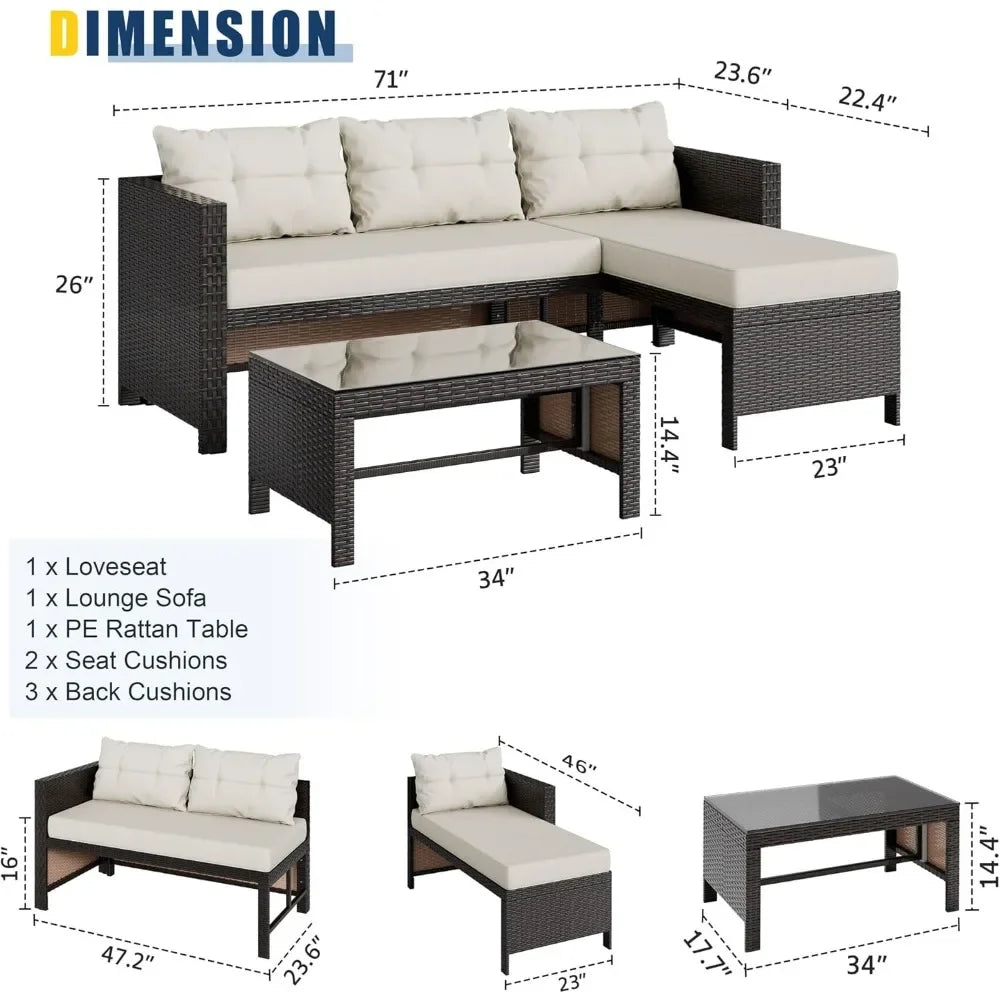 "3-Piece All-Weather Patio Set - PE Wicker Outdoor Sectional Sofa, Durable Conversation Couch"