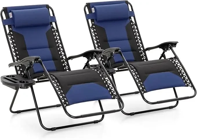 Padded Zero Gravity Lawn Chairs Set of 2 Foldable Patio Recliners Anti Gravity Lounge Chairs w/Pillow & Cup Holder Outdoor Camp