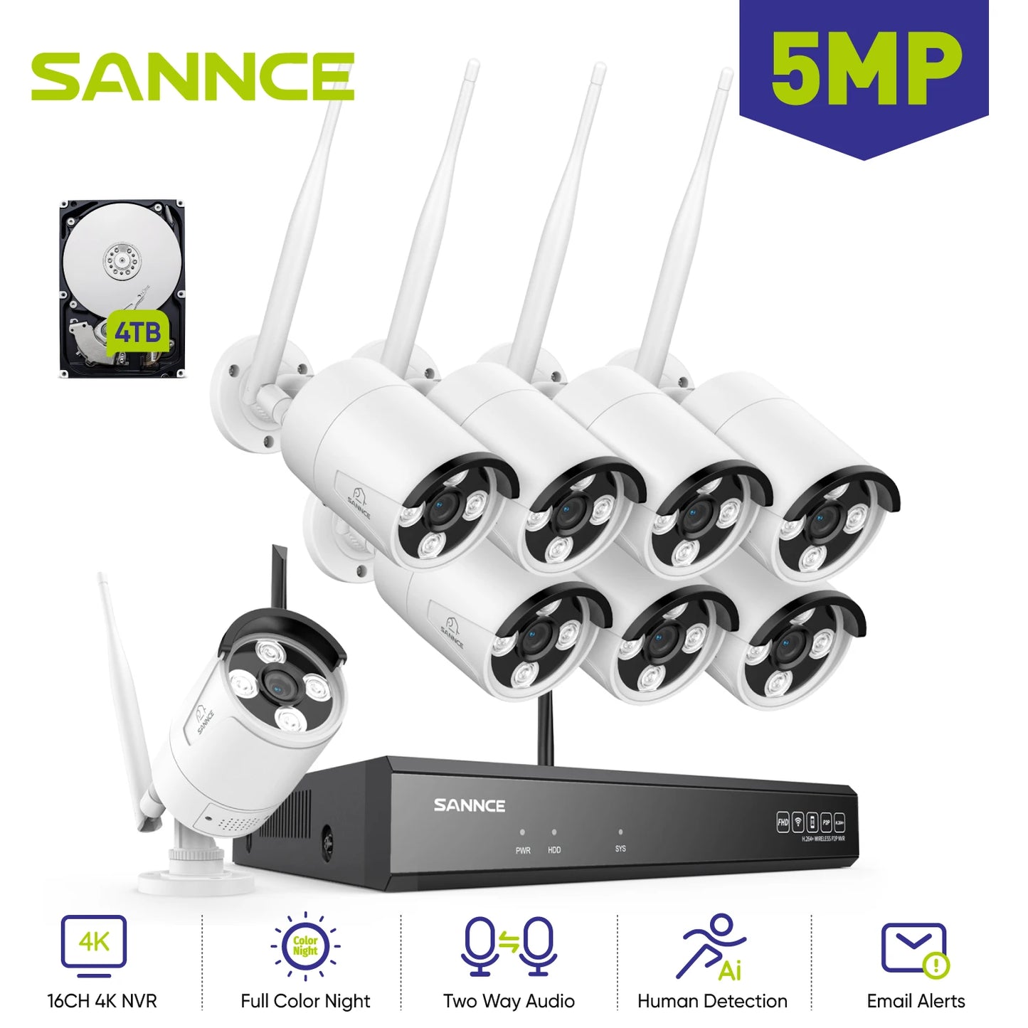 SANNCE 5MP Wifi Surveillance Camera System Smart Night Vision Two Way Voice Motion Detection Wifi Security Protectio Camera