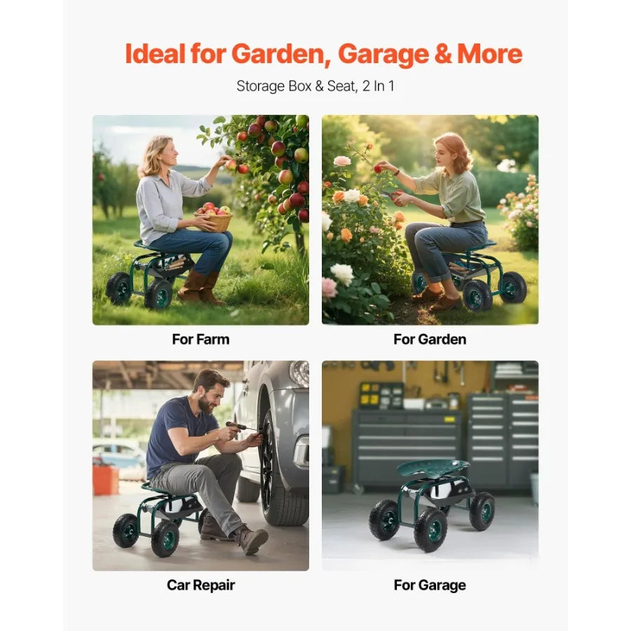 Hign-concerned Outdoor Rolling Garden Cart with Swivel Seat