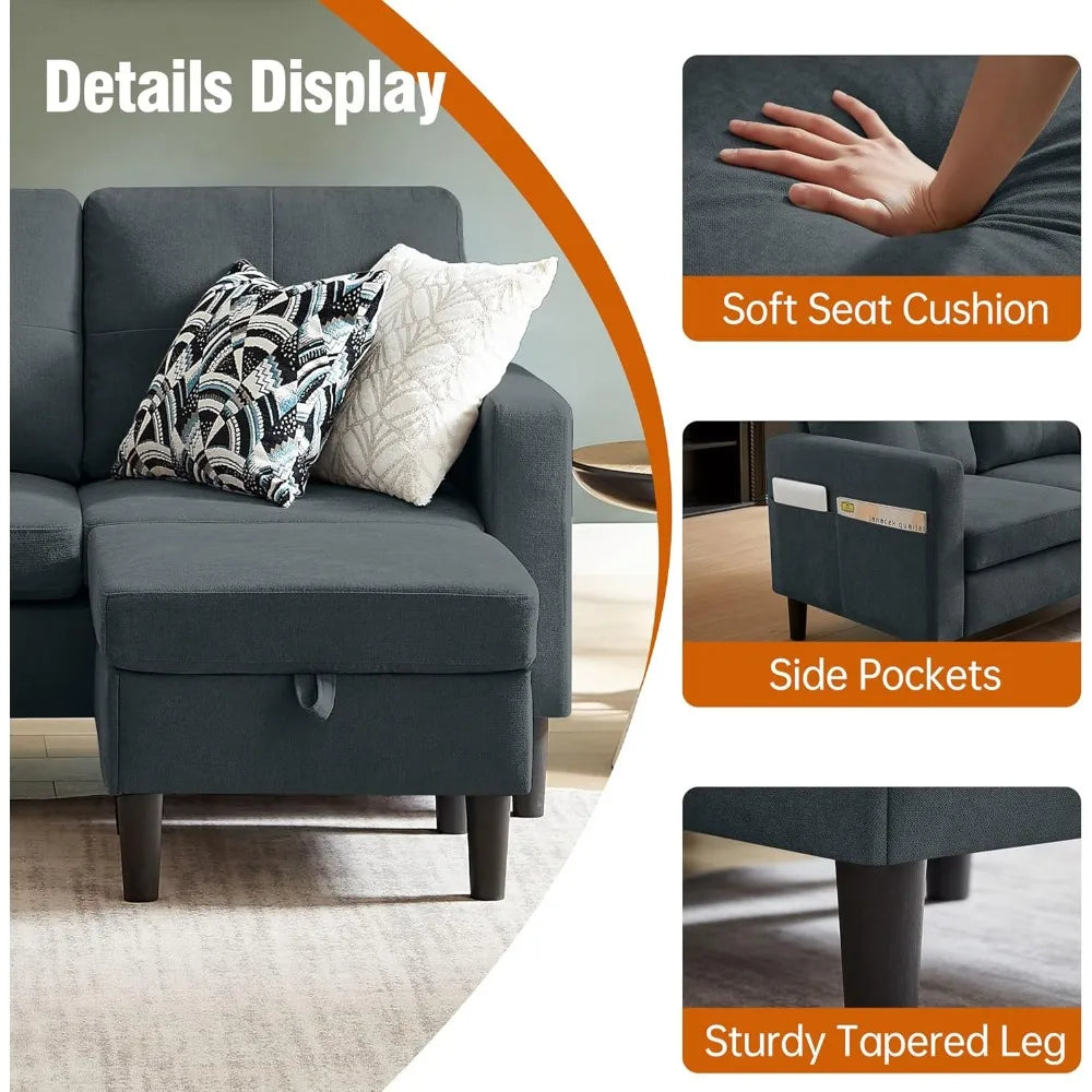 Sectional Sofa for Living Room,with Storage and Reversible Chaise,3 Seats Sectional L Shaped Couch