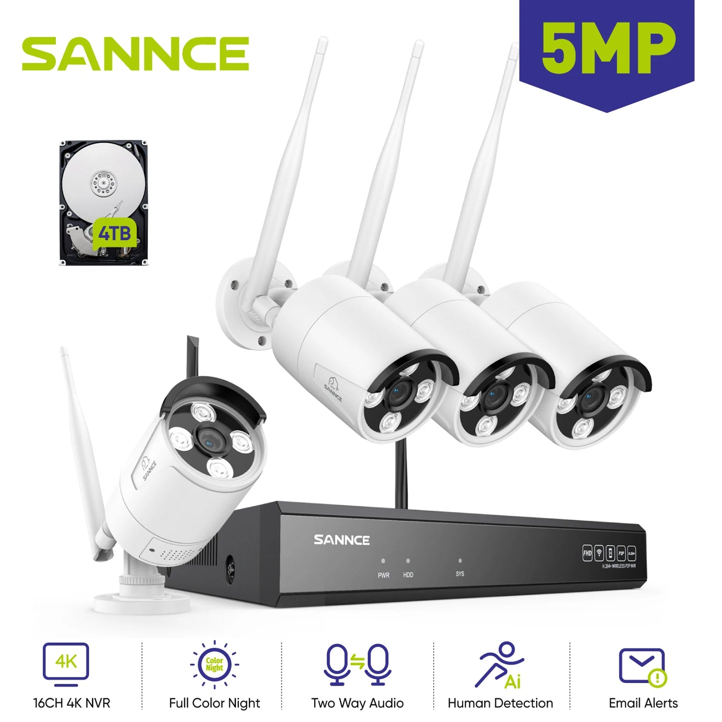 SANNCE 5MP Wifi Surveillance Camera System Smart Night Vision Two Way Voice Motion Detection Wifi Security Protectio Camera