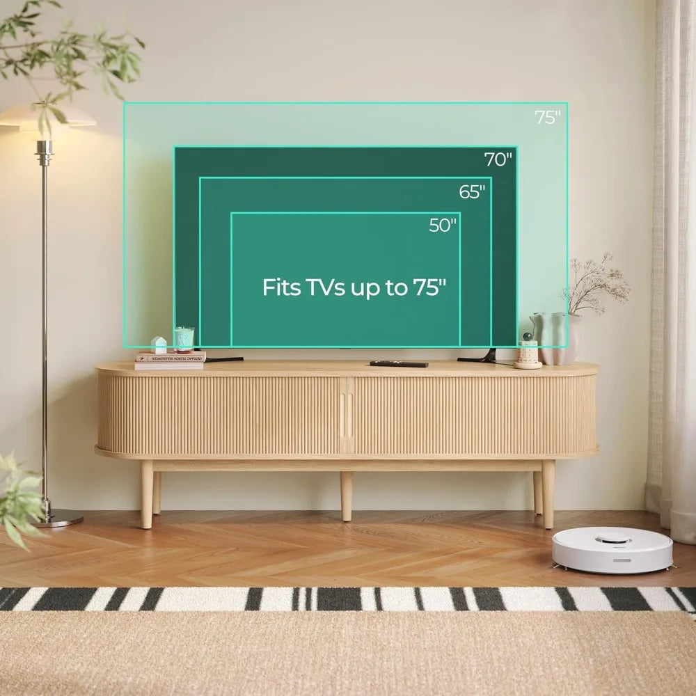 Fluted TV Stand for 75" TV, Mid-Century Modern 70" Entertainment Center with Sliding Tambour Door and Storage Cabinet,TV Stand
