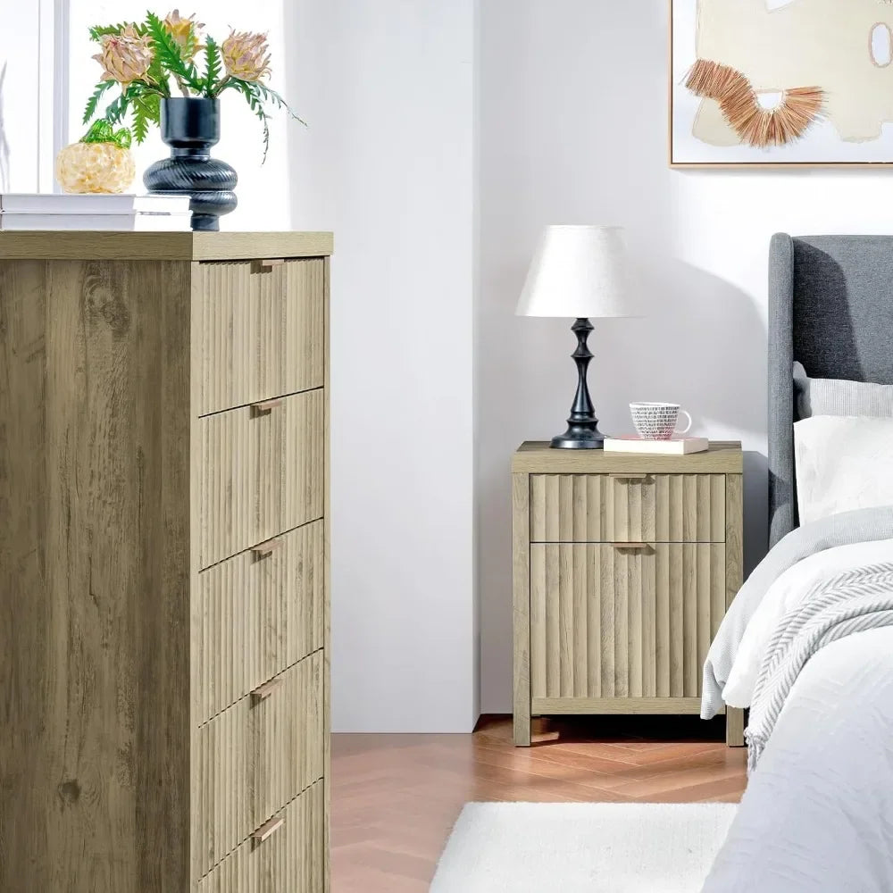 2 Drawer Nightstand, End Table with Charging Station, Night Stand with Fluted Panel, Farmhouse Sofa/Bed Side Table Set