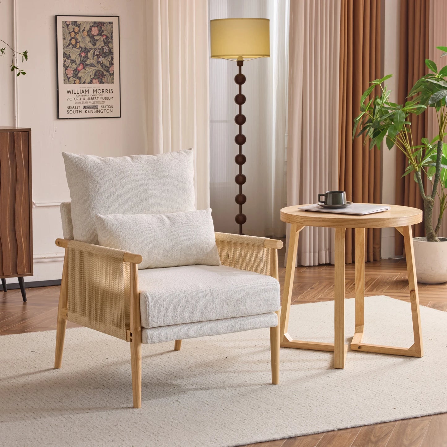 Modern Braid Accent Chair with Natural Oak Wooden Armrest, with Waist Pillow for Living Room, Bedroom, Reading Room, Balcont
