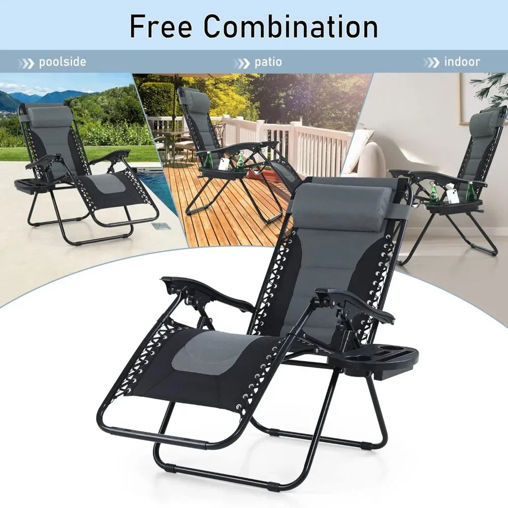 Padded Zero Gravity Lounge Chair Folding Patio Recliner with Adjustable Headrest & Cup Holder, Support 350 LBS