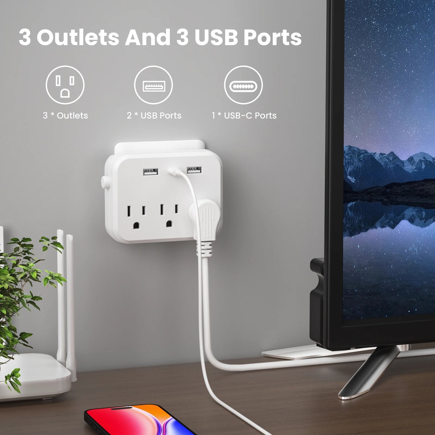 TRANSTON 3 Pcs,Mini Portable Switched 6-in-1 Multi-Function Power Outlet,3 power strip 2 USB 1 USB-C for Business Travel and