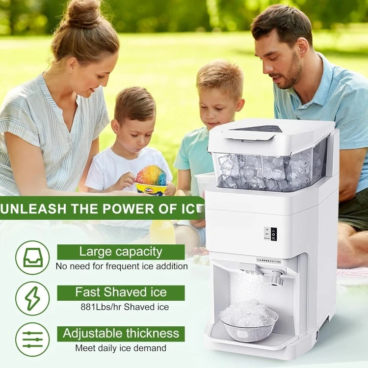 110V Electric Ice Crusher Shaver, 380W Snow Cone Machine, Thickness Adjustable Ice Shaving Machine 881LBs/hr Rotate Speed & Stro