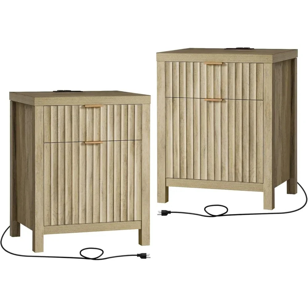 2 Drawer Nightstand, End Table with Charging Station, Night Stand with Fluted Panel, Farmhouse Sofa/Bed Side Table Set