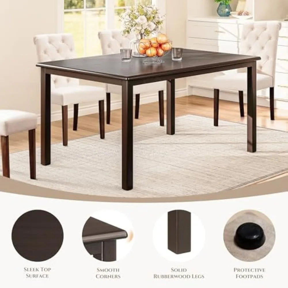 7-Piece Dining Table Set for 6, 60" Rectangular Wooden Kitchen Table with 6 Tufted Dining Room Chairs, Brown/Beige