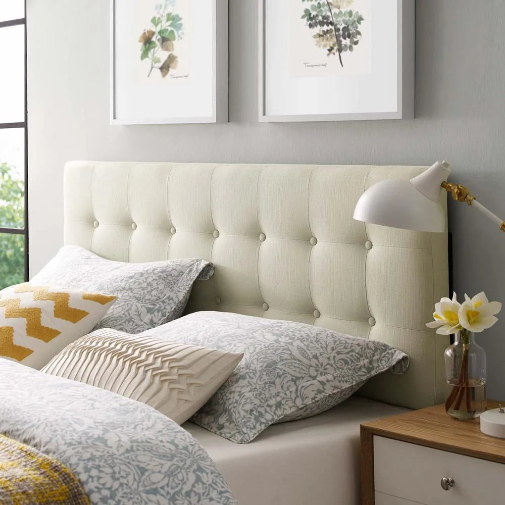 Emily Tufted Upholstered Headboard Full Bed Ivory Polyester Fabric Modern Design Adjustable Height Button Detail 22.5In H 56In W