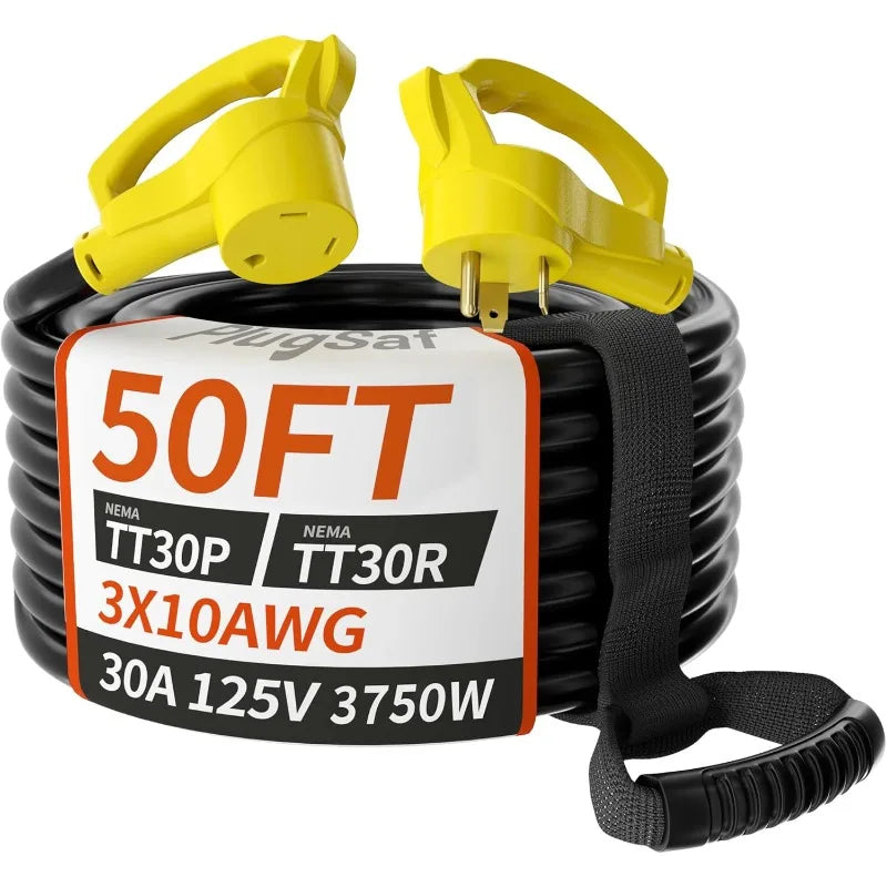 50 FT 30 Amp RV Extension Cord Outdoor with Grip Handle, Flexible Heavy Duty 10/3 Gauge STW RV Power Cord Waterproof with Cord O