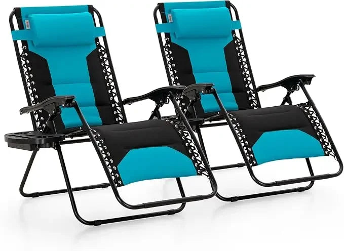Padded Zero Gravity Lawn Chairs Set of 2 Foldable Patio Recliners Anti Gravity Lounge Chairs w/Pillow & Cup Holder Outdoor Camp