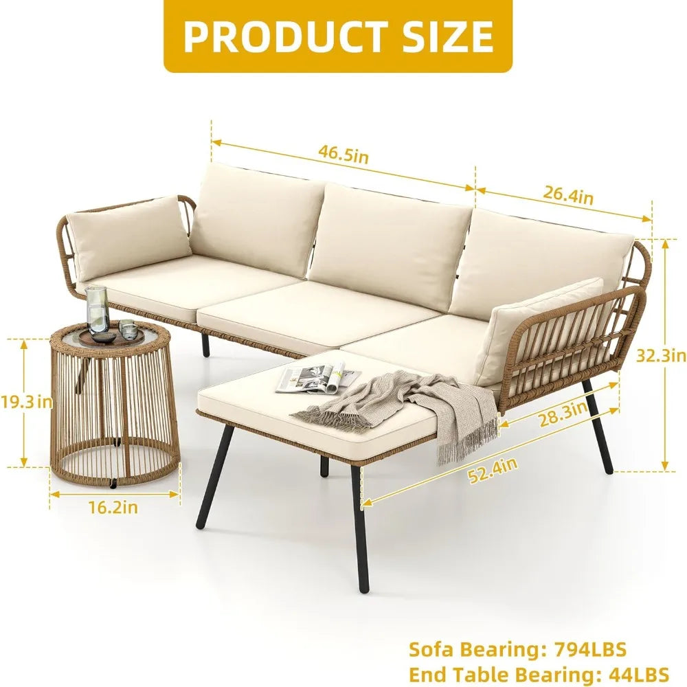 Patio Furniture Set 3 Piece Outdoor Wicker Conversation Set with Detachable Cushions and Coffee Table L-Shaped Sectional Sofa