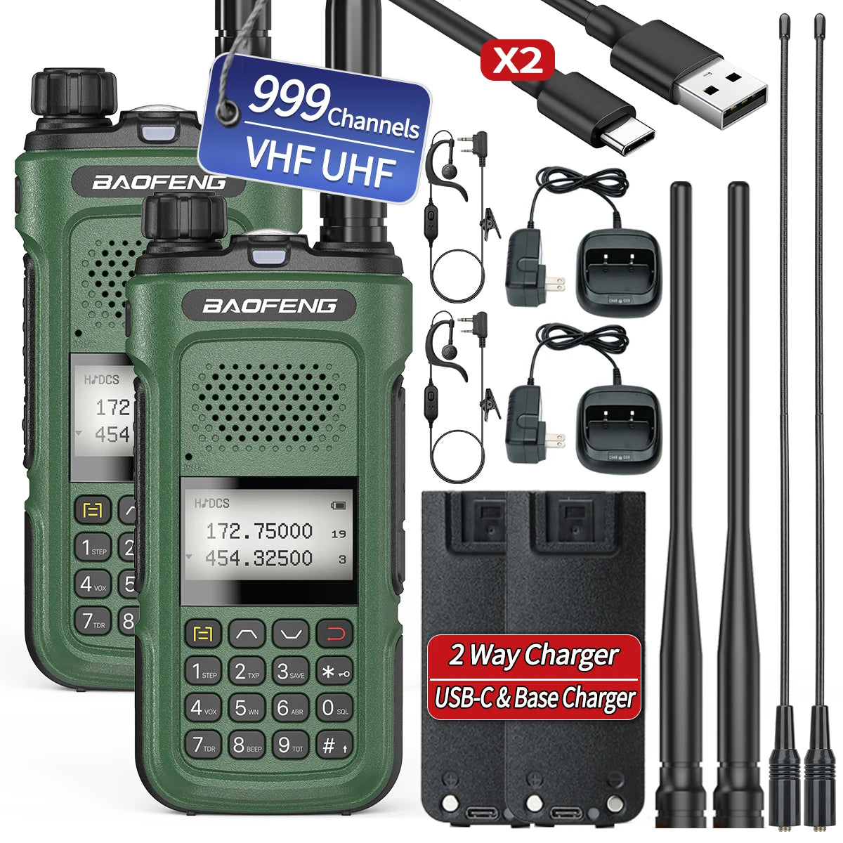 2PCS BAOFENG Walkie Talkie Original Long Range Wireless Copy Frequency UHF VHF 999CH NOAA Type-C Charger Ham Radio for Hunting