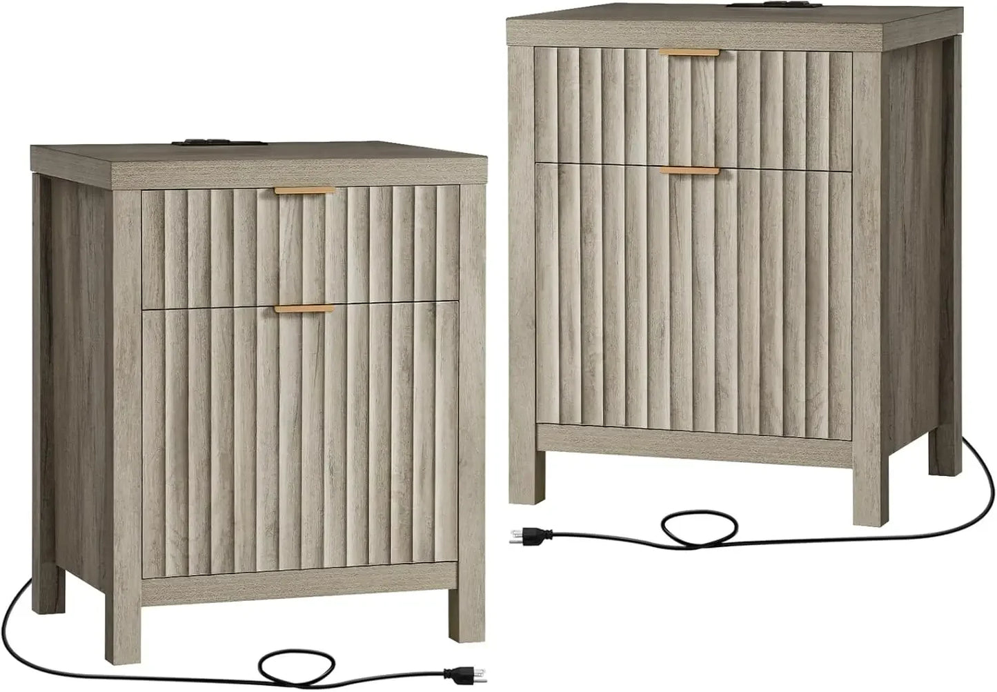 2 Drawer Nightstand, End Table with Charging Station, Night Stand with Fluted Panel, Farmhouse Sofa/Bed Side Table Set