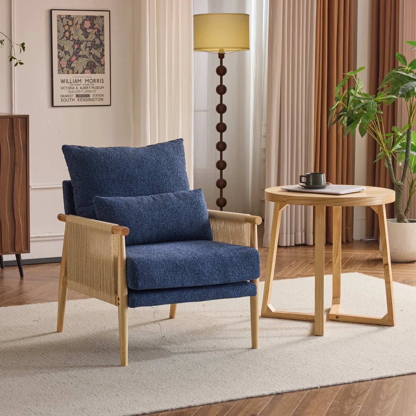 Modern Braid Accent Chair with Natural Oak Wooden Armrest, with Waist Pillow for Living Room, Bedroom, Reading Room, Balcont
