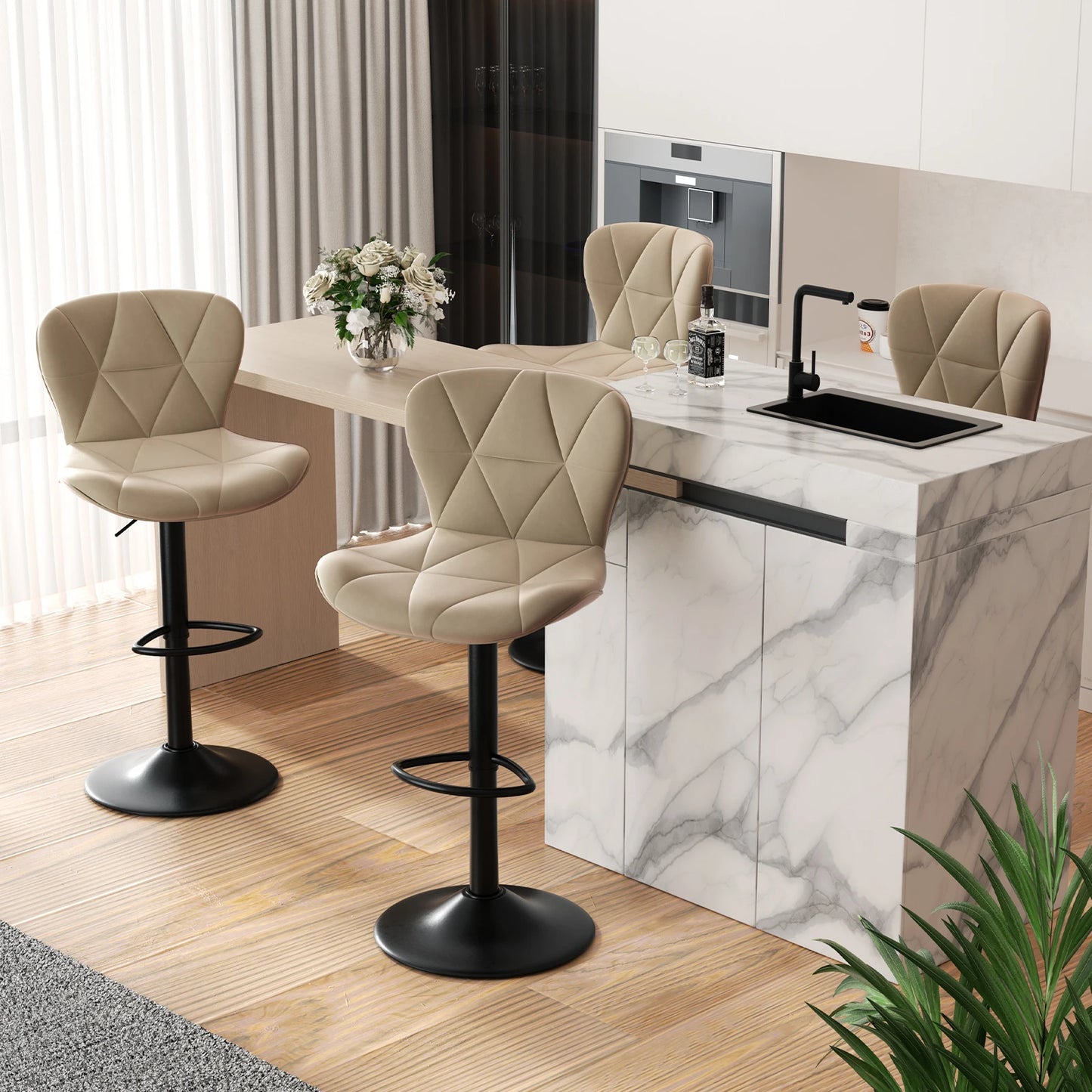 2 Pcs Bar Chair, 360 ° Rotation Adjustable Height, Faux Leather Upholstered with Backrest, Bar Furniture, for Dining Room, Kitchen