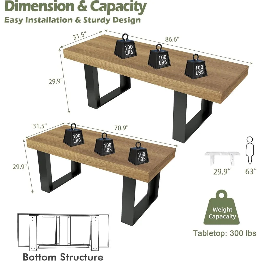 Farmhouse Rustic Extendable Dining Room Table for 8 10, 70.9" (86.6") x 31.5", Rectangular Dinner Table for 6-10, Mid Century M