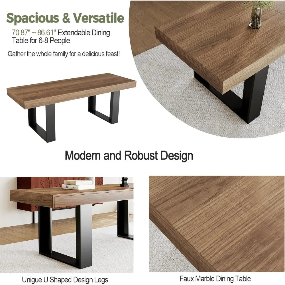 Farmhouse Rustic Extendable Dining Room Table for 8 10, 70.9" (86.6") x 31.5", Rectangular Dinner Table for 6-10, Mid Century M