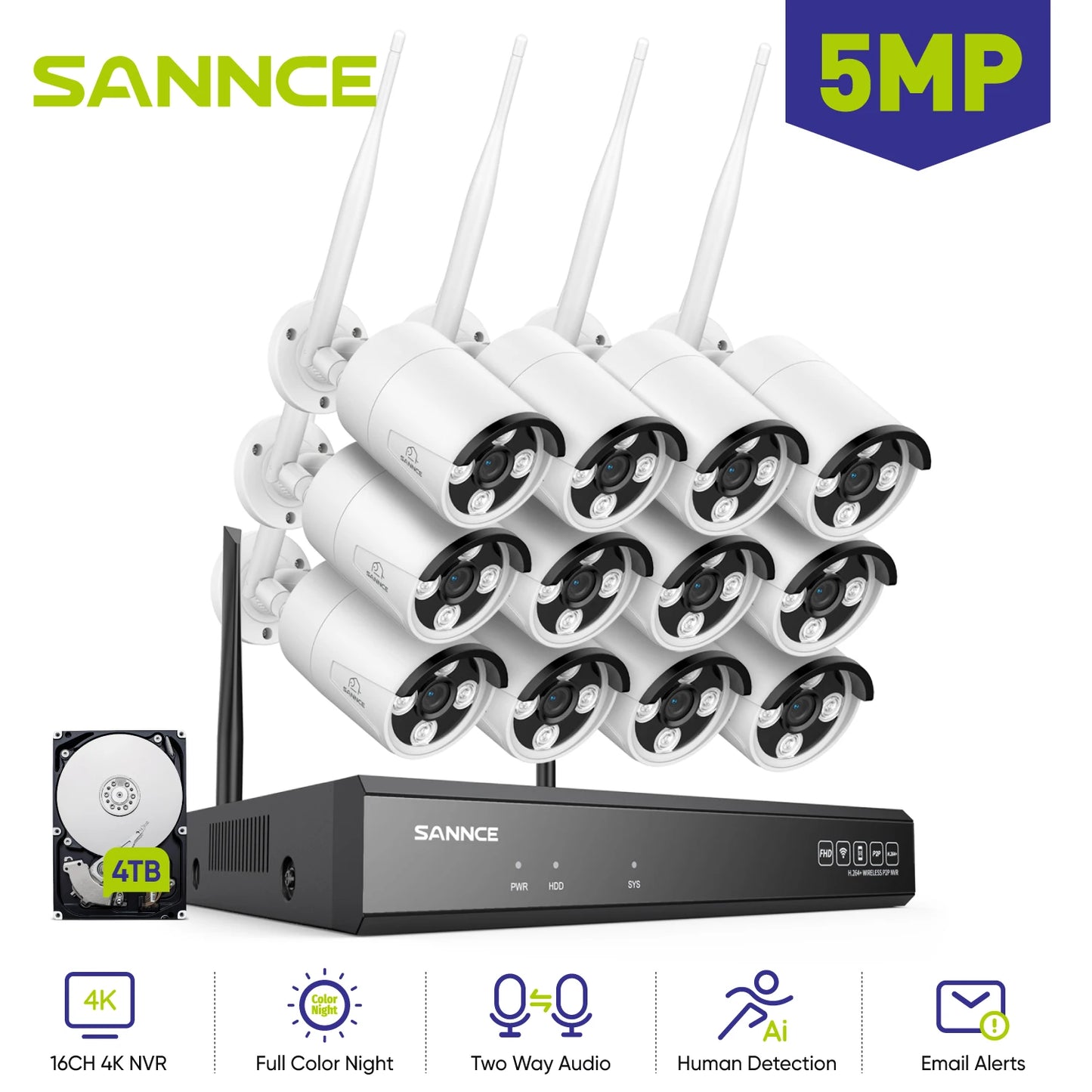 SANNCE 5MP Wifi Surveillance Camera System Smart Night Vision Two Way Voice Motion Detection Wifi Security Protectio Camera