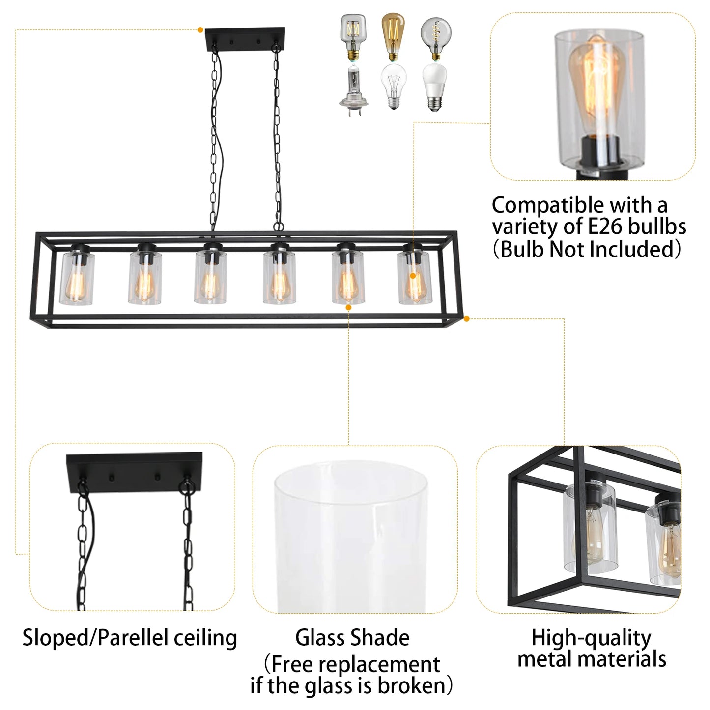 6 Light Black Cage Chandelier with Glass Shades for Dining Room