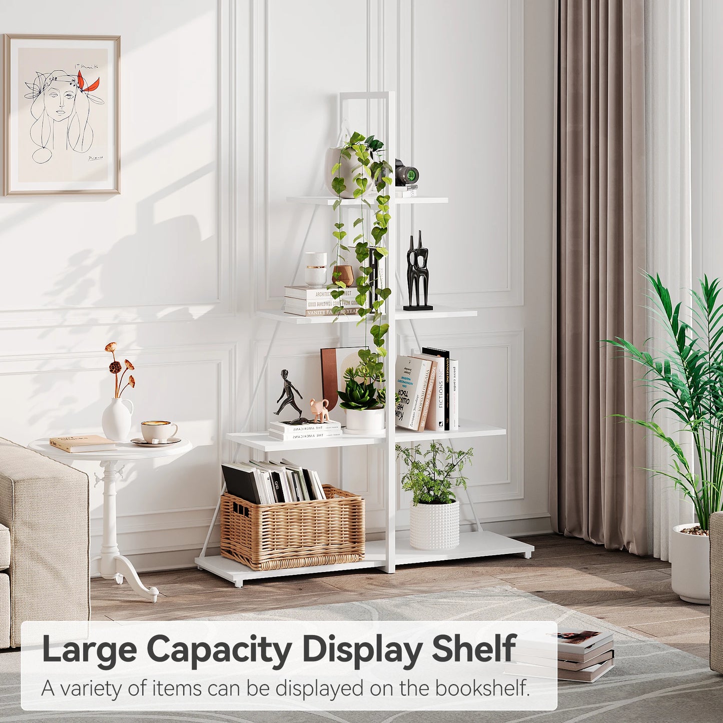 Book Shelf, 4 Tier Bookshelf, Modern Boat Shaped Design, Narrow Wooden Bookcase for Living Room/Bedroom