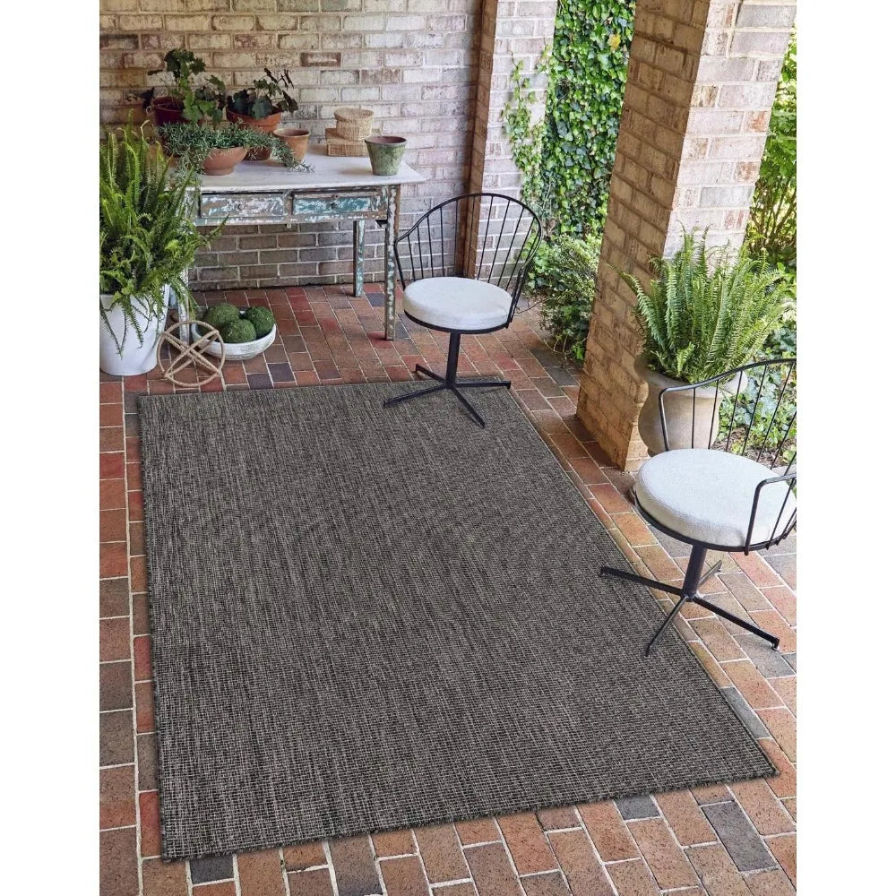 Outdoor Solid Collection Area Rug 12x16 Rectangle Black Ivory