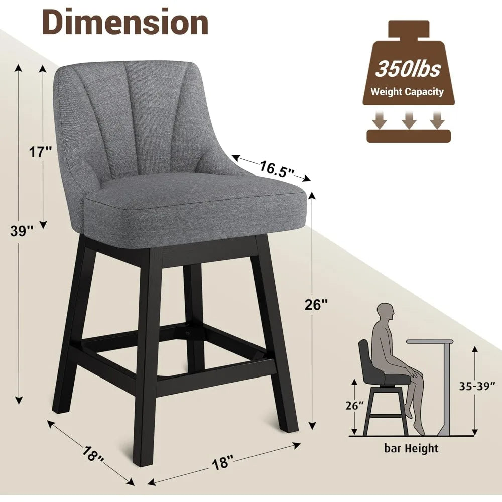 2025 Upgraded Swivel Bar Stools with Backs, 26" Counter Height Bar Stools Set of 2, Linen Fabric Upholstered Counter Barstools w
