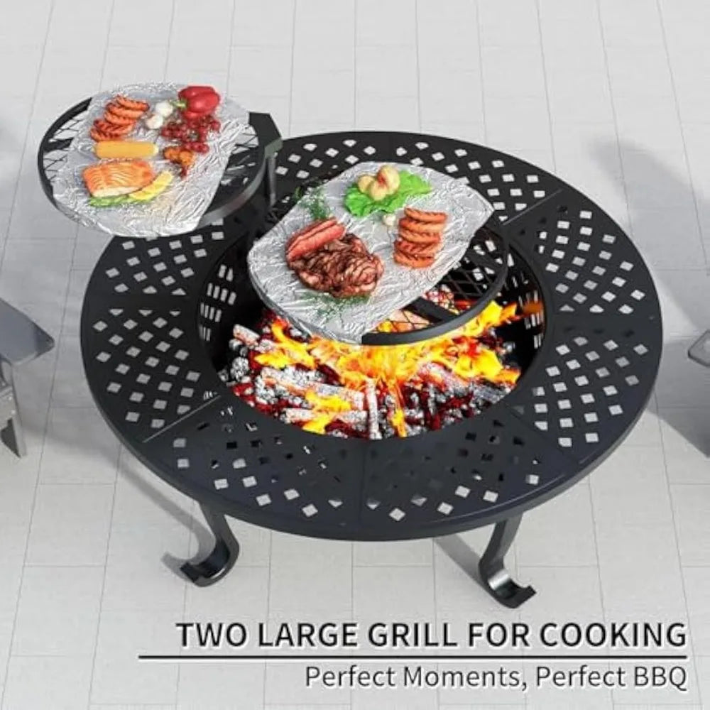 43 Inch Fire Pit with 2 Grill for Outside, Outdoor Wood Burning Firepit with Lid, Metal Round Table for Backyard Patio Garden Pi