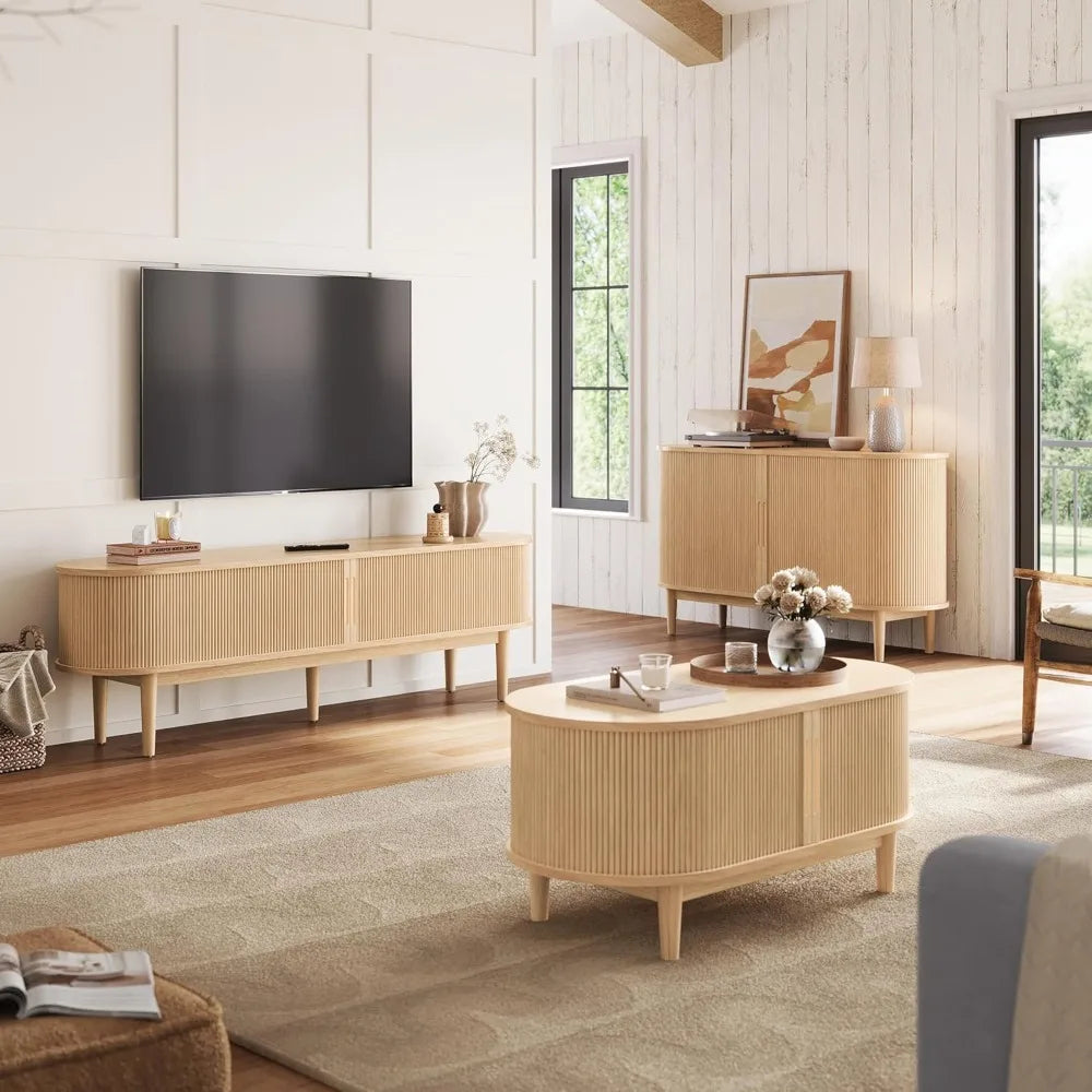 Fluted TV Stand for 75" TV, Mid-Century Modern 70" Entertainment Center with Sliding Tambour Door and Storage Cabinet,TV Stand
