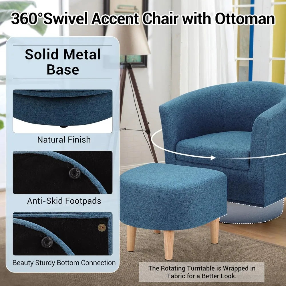 Blue Swivel Barrel Chair With Ottoman Upholstered Modern Living Room Armchair 360 Degree Swivel