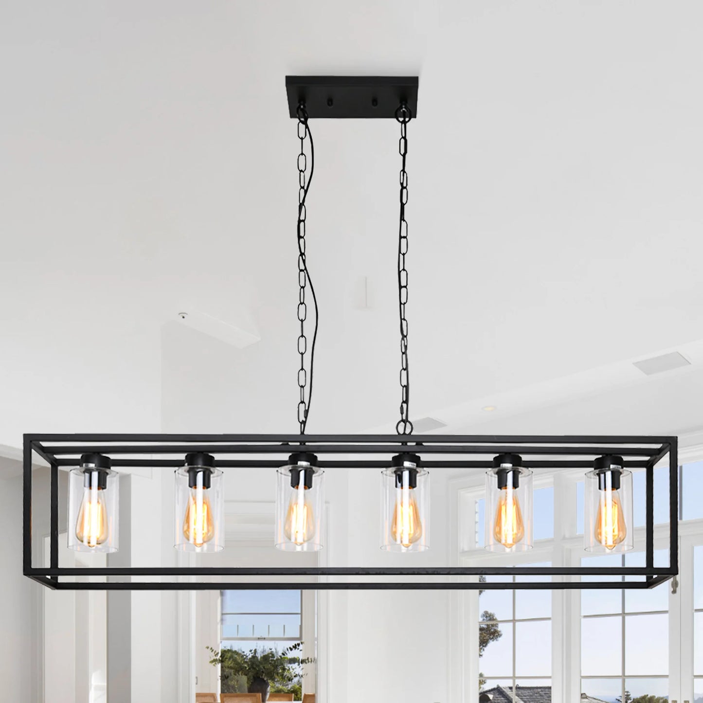 6 Light Black Cage Chandelier with Glass Shades for Dining Room