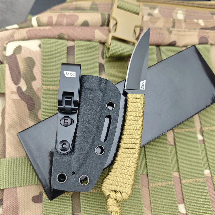MKC Fixed Blade Outdoor Straight Knife Nylon Rope Handle EDC Multitool Camp Hunting Survival Fishing Portable with Kydex Knife