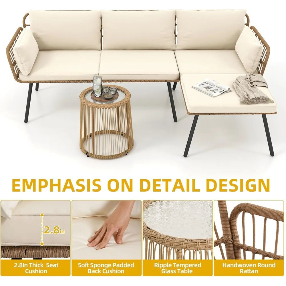 Patio Furniture Set 3 Piece Outdoor Wicker Conversation Set with Detachable Cushions and Coffee Table L-Shaped Sectional Sofa