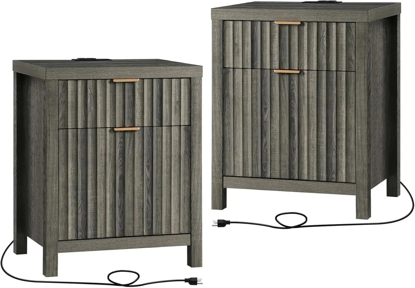 2 Drawer Nightstand, End Table with Charging Station, Night Stand with Fluted Panel, Farmhouse Sofa/Bed Side Table Set