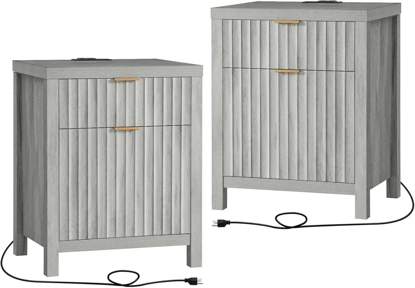 2 Drawer Nightstand, End Table with Charging Station, Night Stand with Fluted Panel, Farmhouse Sofa/Bed Side Table Set