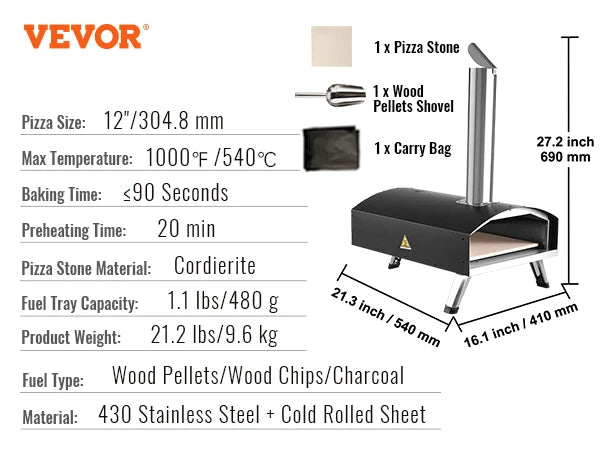VEVOR 12 Inch Portable Wood Fired Pizza Oven for Outdoors