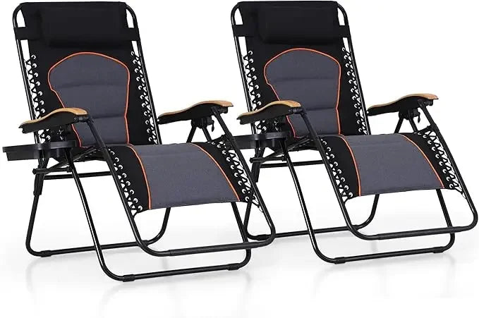 Padded Zero Gravity Lawn Chairs Set of 2 Foldable Patio Recliners Anti Gravity Lounge Chairs w/Pillow & Cup Holder Outdoor Camp