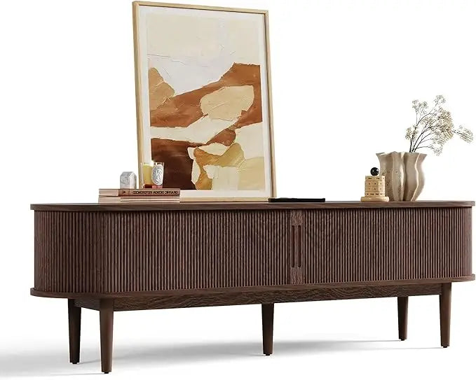 Fluted TV Stand for 75" TV, Mid-Century Modern 70" Entertainment Center with Sliding Tambour Door and Storage Cabinet,TV Stand